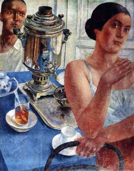 Description of the painting by Kuzma Petrov Vodkin Behind the samovar