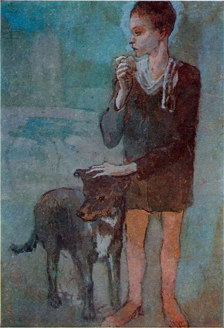 a boy and his dog painting