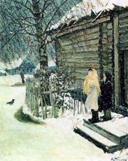Description of the painting by Arkady Plastov First Snow
