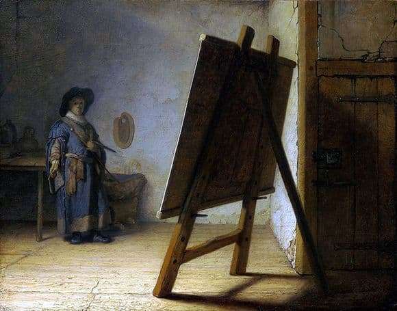 Description of the painting by Rembrandt Harmens Van Rijn Artist in the workshop (1628)