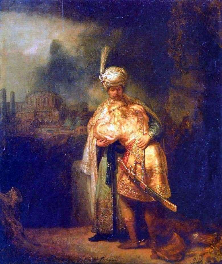 David's Farewell to Jonathan by Rembrandt Harmenszoon van Rijn, 1 Samuel 20:35-42, Bible.Gallery