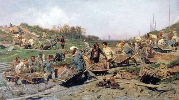 Description of the painting by Konstantin Savitsky Repair work on the railway