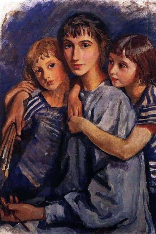 Description of the painting by Zinaida Serebryakova Self portrait with two daughters