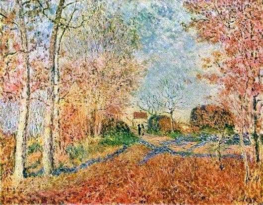 Description of the painting by Alfred Sisley The road at the edge of the forest