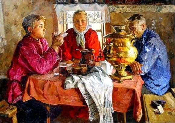 Description of the painting by Vladimir Stozharov At the samovar