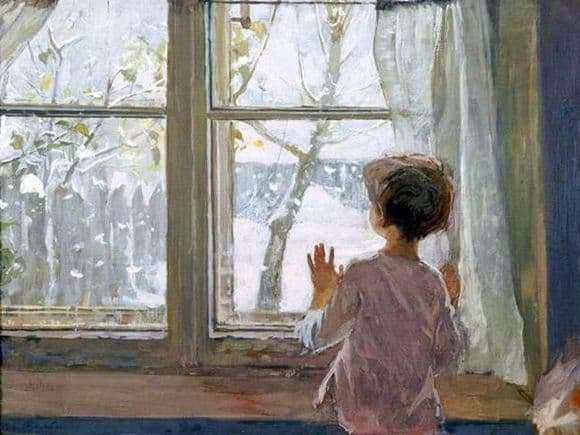 Description of the painting by Sergei Tutunov Winter has come. Childhood