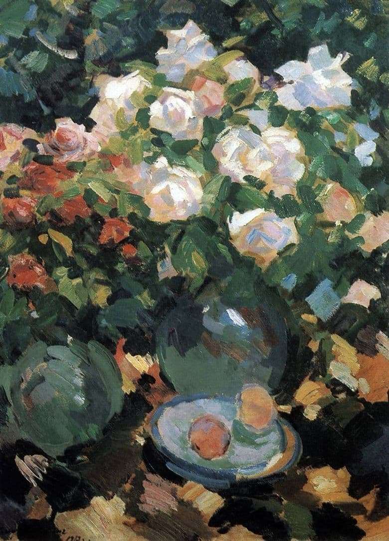Description of the painting by Konstantin Korovin Roses in blue jugs
