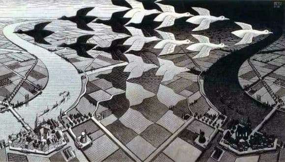 Description of the painting by Maurits Escher Day and Night