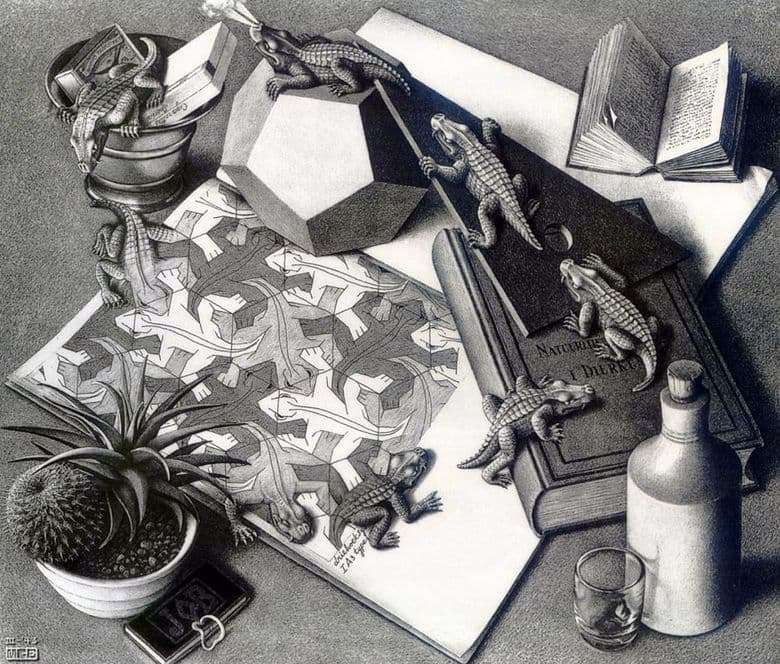 Description of the painting by Maurits Escher Reptiles