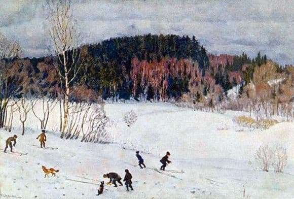 Description of the painting by Konstantin Yuon Landscape with skiers