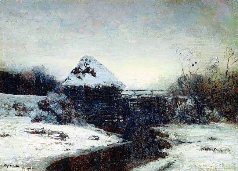Description of the painting by Isaac Levitan Winter landscape with a mill