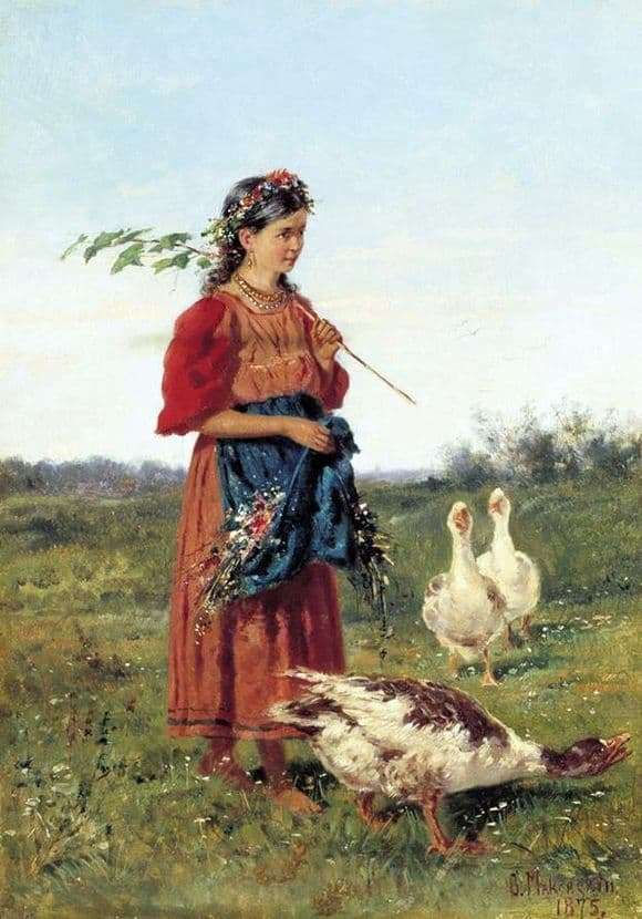 Description of the painting by Vladimir Makovsky Girl with geese in the field